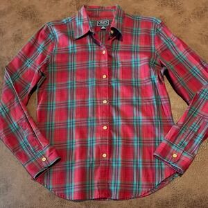 Chaps Classics Womens Red Green Plaid Cotton Button Down Shirt Gold Buttons M